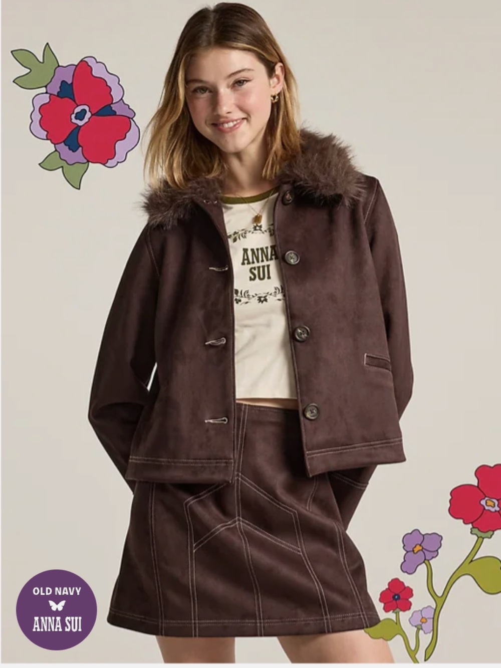 Anna Sui Dark Brown Faux-Suede Teddy Jacket with Fur Collar